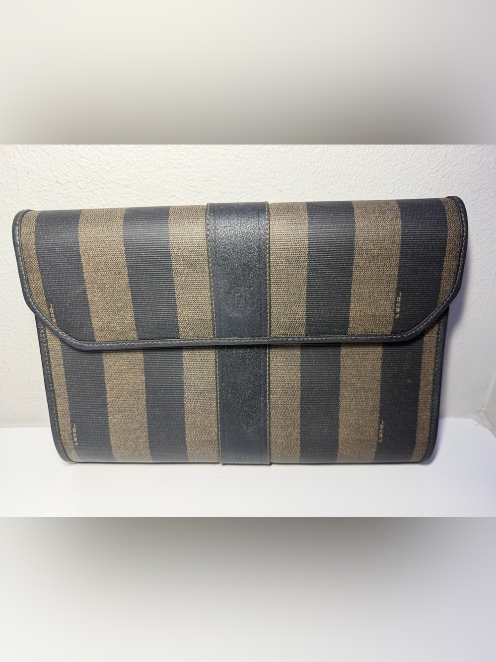 Fendi Penguin Striped Clutch in Brown and Black. With COA